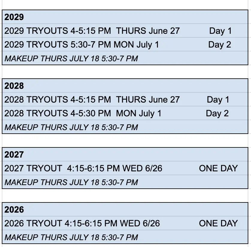 A series of four dates for the 2 0 2 0 tryouts.