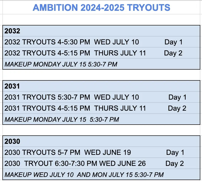 A table with several different times for tryouts.