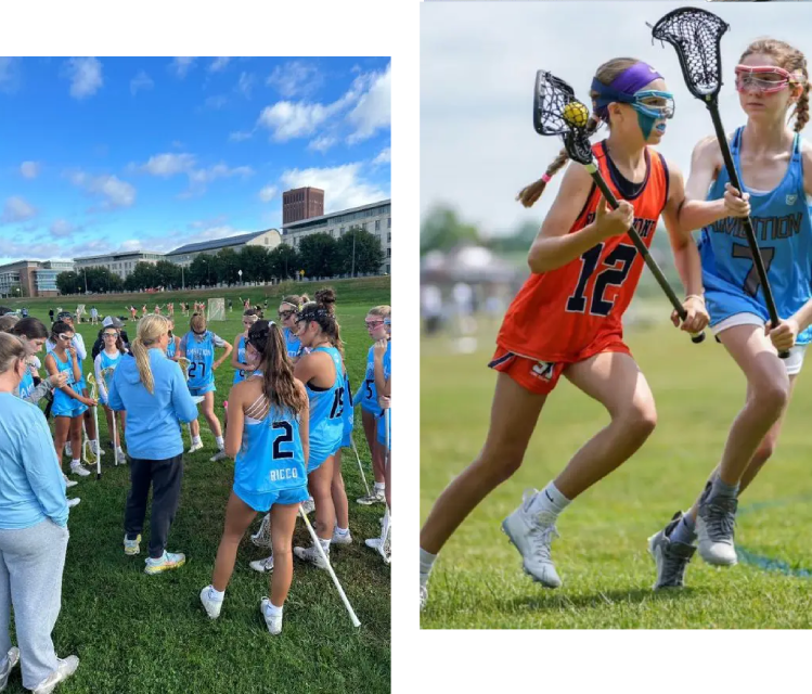 A group of girls playing lacrosse on the field.